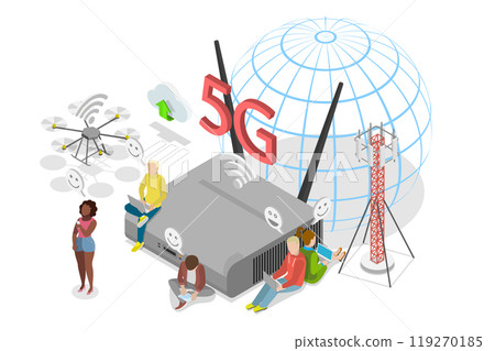 3D Isometric Flat  Illustration of 5G Network Wireless, Mobile Telecommunication Technology 119270185