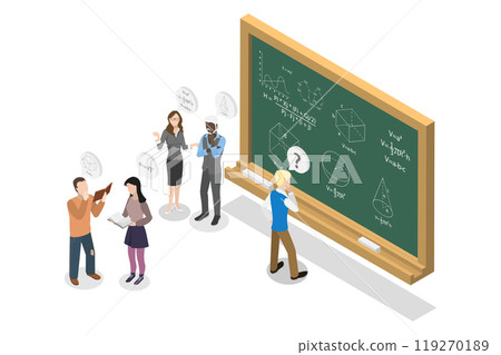 3D Isometric Flat  Illustration of Thinking About Solving Problem, Solving a Theorem 119270189