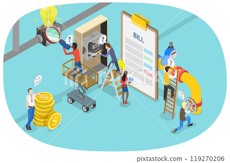 3D Isometric Flat Illustration of Payment Of Utility Bills, Electricity Consumption 3D Isometric Flat Illustration of Payment Of Utility Bills, Electricity Consumption 119270206