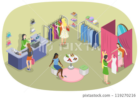 3D Isometric Flat  Illustration of Clothing Store, Showroom Interior 119270216