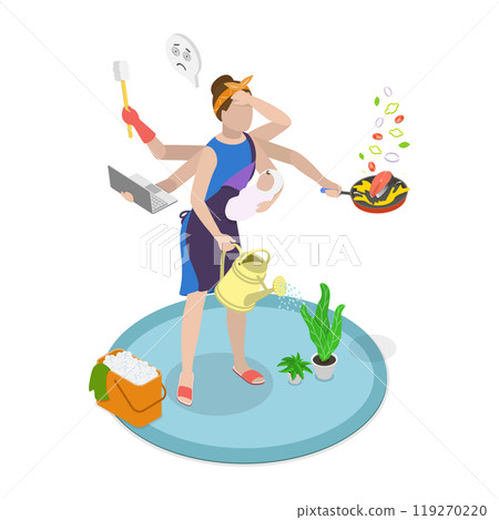 3D Isometric Flat  Illustration of Motherhood Challenges, Multitasking Mom and Housewife 119270220