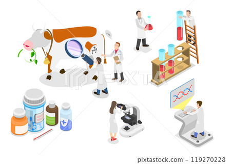3D Isometric Flat  Illustration of Medical Checkup For Farm Animals, Animal Husbandry Healthcare 119270228