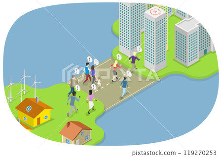 3D Isometric Flat  Illustration of Rural To Urban Migration, Population Growth and Urbanization 119270253