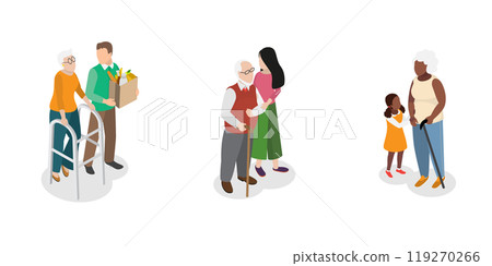 3D Isometric Flat  Illustration of Elderly People, Senior Care, Volunteering 119270266