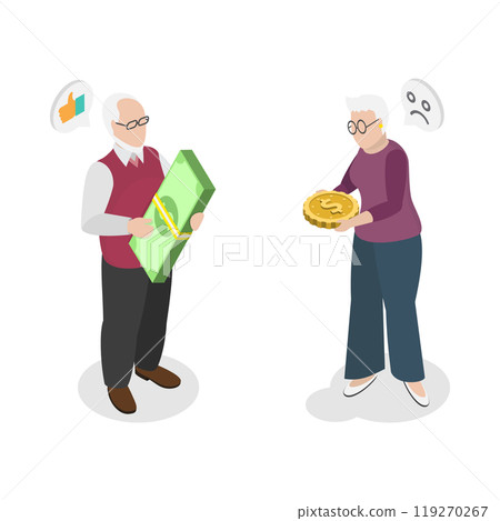 3D Isometric Flat  Illustration of Social Inequality Among Pensioners, Financial Problems, Poverty or Bankruptcy After Retirement 119270267