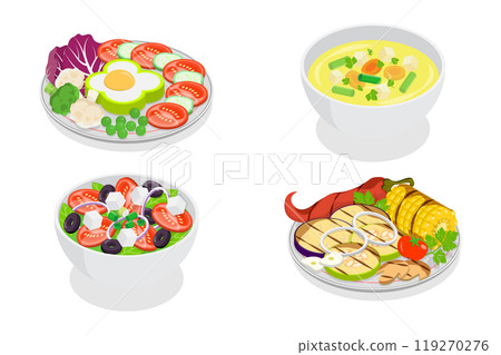 3D Isometric Flat  Set of Vegetarian Dishes, Fresh, Natural and Healthy Food 119270276