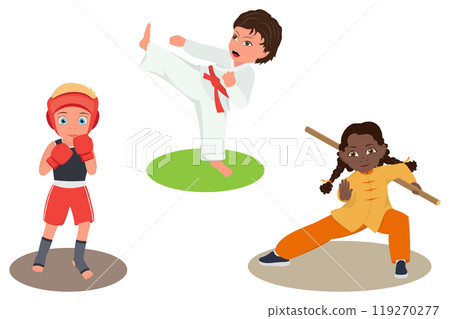 Flat  Illustration of Martial Arts Kids, Training Children Wearing Kimono 119270277
