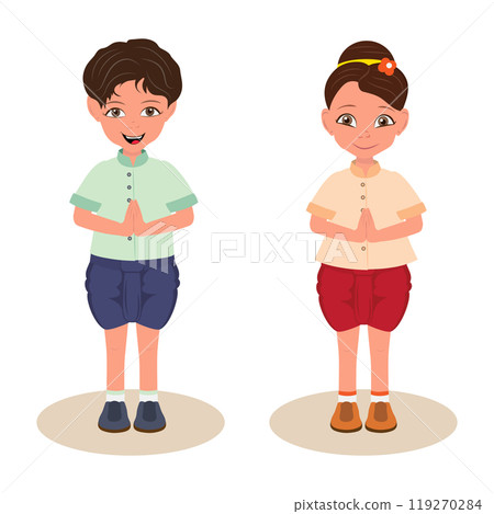 Flat  Illustration of Sawasdee, Kids in Traditional Clothing 119270284