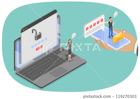 3D Isometric Flat Illustration of Two St Authentication, 2FA Multifactor Verification 3D Isometric Flat Illustration of Two St Authentication, 2FA Multifactor Verification 119270303