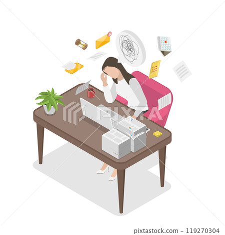 3D Isometric Flat  Illustration of Frustrated Overworked Woman, Stress Due to Burning Deadlines 119270304