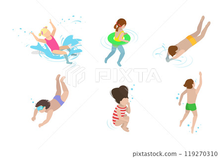 3D Isometric Flat  Set of Children Snorkeling, Kids Swimming Lessons 119270310