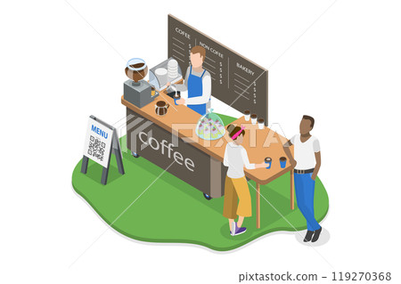 3D Isometric Flat  Illustration of Street Food Festival, Coffee to go Booth 119270368