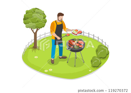 3D Isometric Flat Illustration of Outdoor Activities, Grilled Meat and Vegetables 3D Isometric Flat Illustration of Outdoor Activities, Grilled Meat and Vegetables 119270372