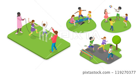 3D Isometric Flat Illustration of Children Playing Outside, Active Healthy Childhood 3D Isometric Flat Illustration of Children Playing Outside, Active Healthy Childhood 119270377