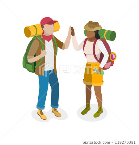 3D Isometric Flat  Illustration of Hiking Tourist Couple, Outdoors Adventure, Travel and Tourism 119270381