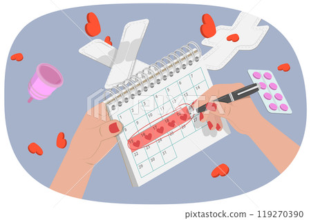 3D Isometric Flat  Illustration of Menstrual Period , PMS Symptoms and Premenstrual Syndrome Treatment 119270390