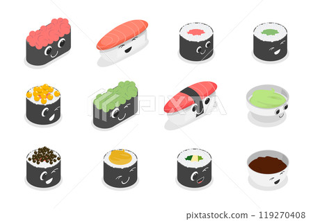 3D Isometric Flat Set of Various Sushi, Rolls and Nigiri Funny Characters, Japanese Traditional Cuisine 3D Isometric Flat Set of Various Sushi, Rolls and Nigiri Funny Characters, Japanese Traditional Cuisine 119270408