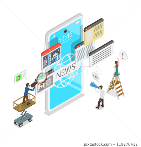 3D Isometric Flat  Illustration of Online News Mobile App, Internet Press or Web Articles 119270412