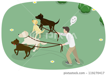 3D Isometric Flat  Illustration of Professional Pet Walk Service, Taking Care of Home Animals 119270417