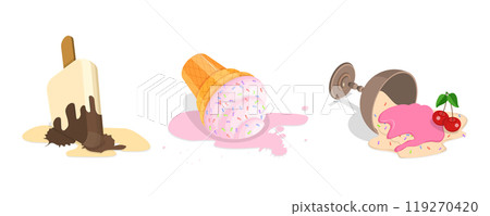 3D Isometric Flat Illustration of Set of Fallen Ice Creams, Milk Dessert Lying on Floor 3D Isometric Flat Illustration of Set of Fallen Ice Creams, Milk Dessert Lying on Floor 119270420