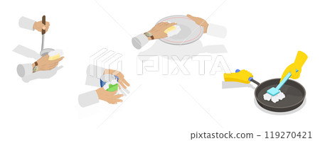 3D Isometric Flat  Illustration of Hands Washing Dishes, Dishwashing Process 119270421