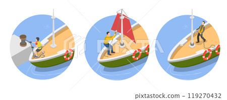 3D Isometric Flat  Illustration of Sailing Yacht, Marine Travel 119270432