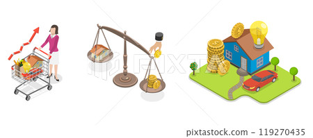 3D Isometric Flat Illustration of Cost Of Living, Rising Foods Cost and Grocery Price 3D Isometric Flat Illustration of Cost Of Living, Rising Foods Cost and Grocery Price 119270435
