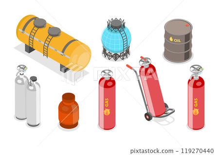 3D Isometric Flat Illustration of Gas Cylindrical Containers, Metal Tanks with Industrial Liquefied Oxygen 3D Isometric Flat Illustration of Gas Cylindrical Containers, Metal Tanks with Industrial Liquefied Oxygen 119270440