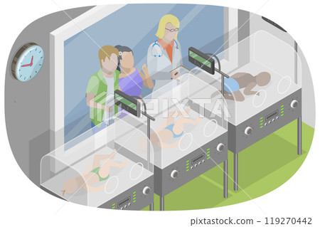 3D Isometric Flat  Illustration of Preterm Baby Incubators, Nurses Take Care about New Borns 119270442