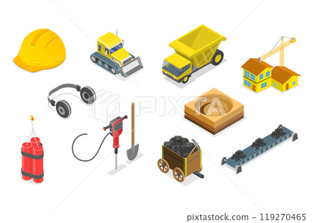 3D Isometric Flat  Set of Mining Elements , Extraction Industry Profession 119270465