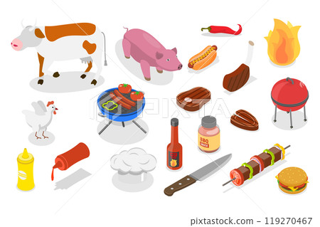 3D Isometric Flat  Set of Barbecue Objects, Grill or Picnic Attributes 3D Isometric Flat  Set of Barbecue Objects, Grill or Picnic Attributes 119270467
