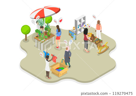 3D Isometric Flat  Illustration of Flea Market, Garage Sale in a Park 119270475