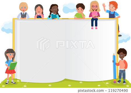 Flat  Illustration of Brochure With Kids, Happy Smiling Children Holding Open Books 119270490