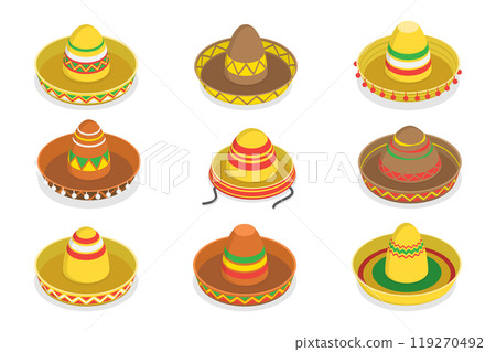 3D Isometric Flat  Set of Mexican Hats, Traditional Costume Elements 119270492