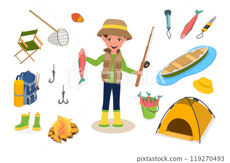 Flat  Illustration of Fishing, Fisherman Equipment 119270493