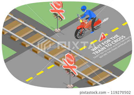 3D Isometric Flat  Illustration of Crossing Railways, Safe Riding Rules 119270502