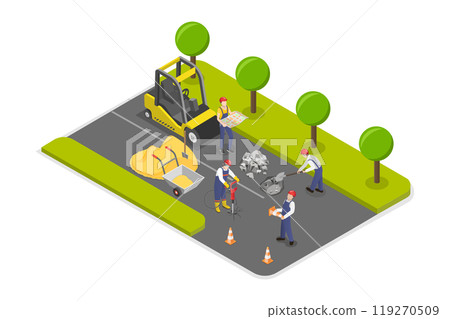 3D Isometric Flat  Illustration of Road Construction, Roadworks in a City 119270509
