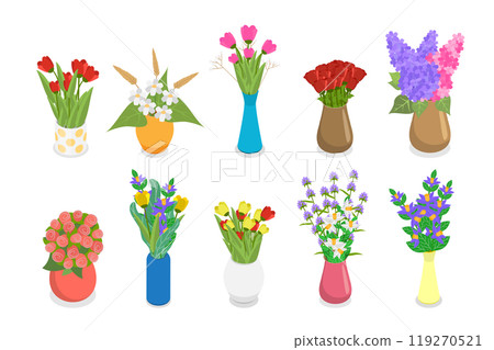 3D Isometric Flat  Set of Flower Bouquets , Florist Composition 119270521