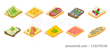 3D Isometric Flat  Illustration of Tasty Breakfast, Healthy Toasts Set 119270536