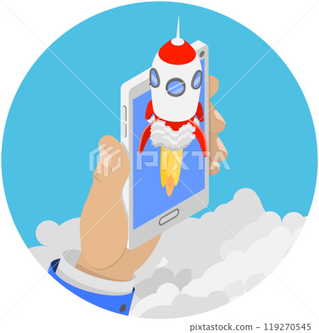 3D Isometric Flat  Illustration of Idea Of Successful Business, Rocket Launches From the Phone Screen 119270545
