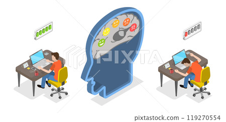 3D Isometric Flat Illustration of Work Burnout vs Increased Productivity, Productive and Tired Employee Comparison 3D Isometric Flat Illustration of Work Burnout vs Increased Productivity, Productive and Tired Employee Comparison 119270554
