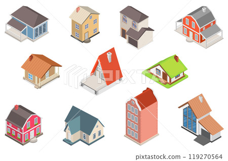 3D Isometric Flat Set of Village Buildings, Various Small and Big Houses 3D Isometric Flat Set of Village Buildings, Various Small and Big Houses 119270564