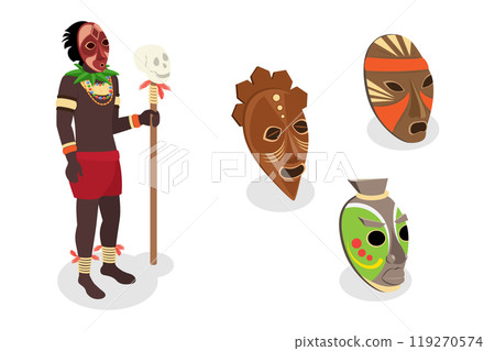 3D Isometric Flat Illustration of African Shaman, Indigenous Tribe Member 3D Isometric Flat Illustration of African Shaman, Indigenous Tribe Member 119270574