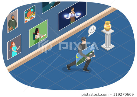 3D Isometric Flat  Illustration of Stealing Painting, Art Gallery Robbery 119270609