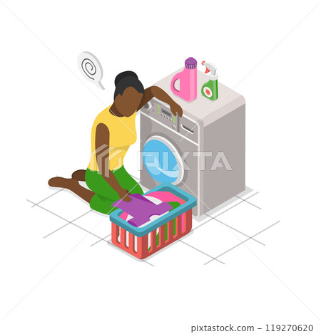 3D Isometric Flat Illustration of Exhausted Housewife , Sad Tired Woman 3D Isometric Flat Illustration of Exhausted Housewife , Sad Tired Woman 119270620