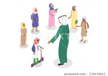 3D Isometric Flat  Illustration of Muslim Schoolchildren , School Teacher and Students 119270621