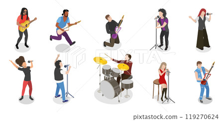 3D Isometric Flat  Illustration of Rock Musicians, Young Artists Playing Music Instruments 3D Isometric Flat  Illustration of Rock Musicians, Young Artists Playing Music Instruments 119270624