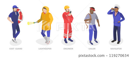 3D Isometric Flat  Set of Maritime Professions, Seacrew Characters 119270634