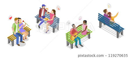 3D Isometric Flat  Set of Romantic Couples, Lovers Talking on a Bench 119270635