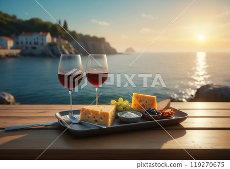 cheese plate with wine in glasses on wooden table, on the seashore 119270675
